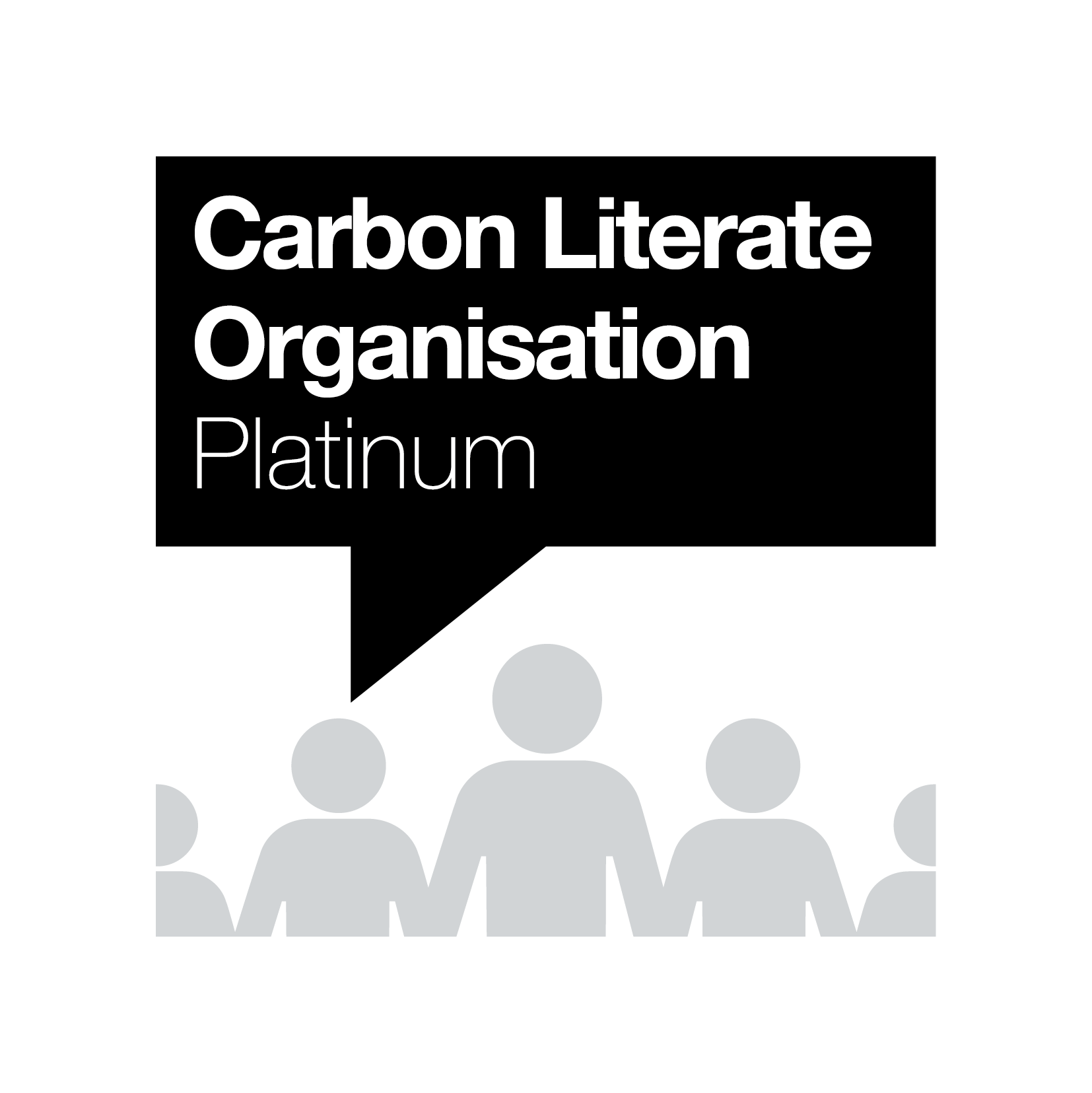 A black speech bubble with white reading reading Carbon Literate Organisation Platinum