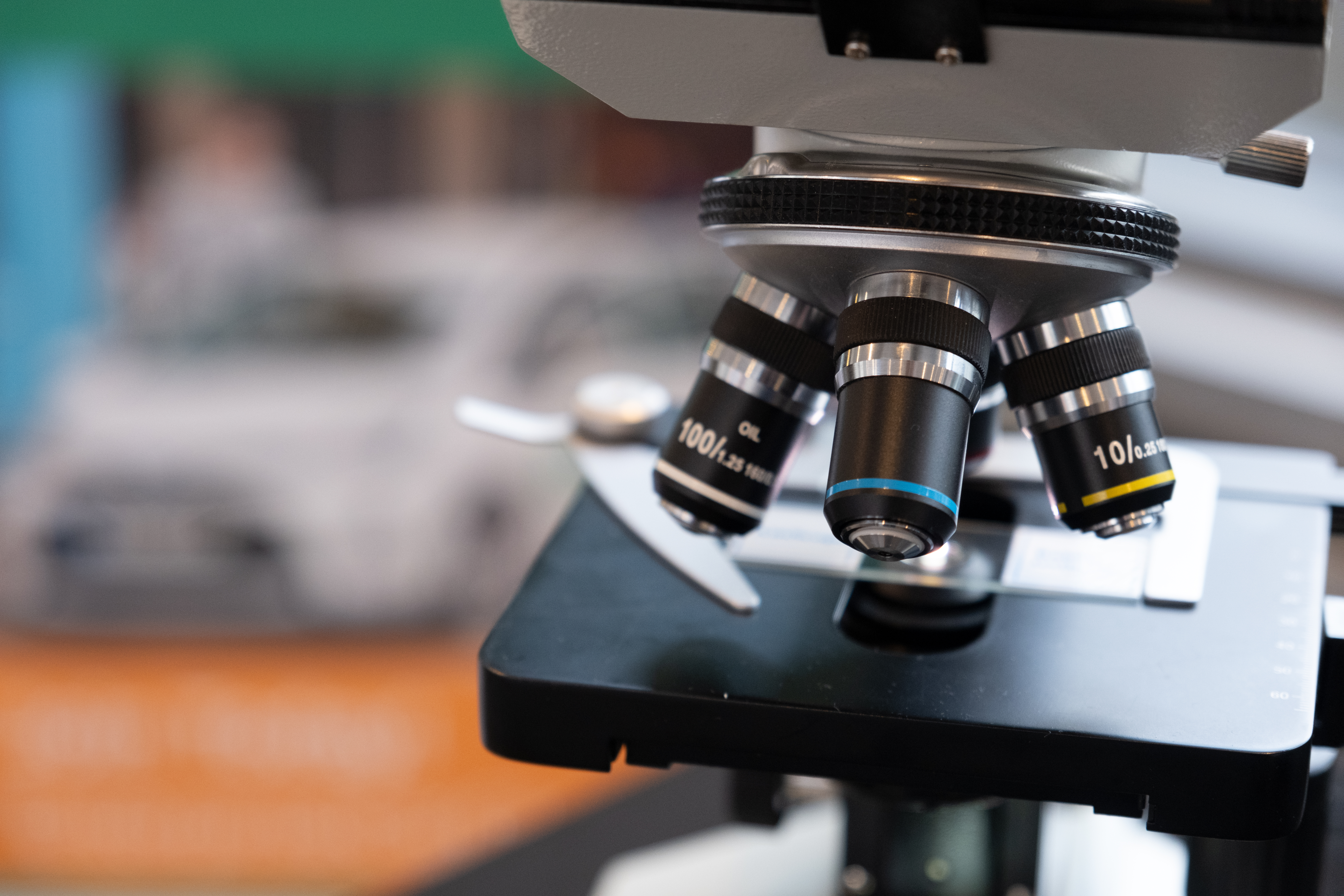 A microscope in the foreground 